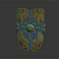 Ornate Wooden And Metal Shield With Symmetric Carvings And Central Decorative Design