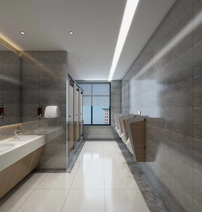 Bright Modern Public Restroom Interior Featuring Tiled Walls Washbasins Mirrors And Toilet Cubicles 3d model