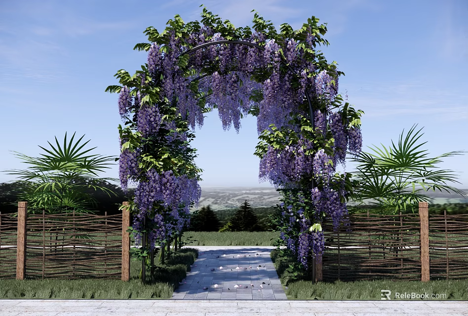Beautiful Pergola Covered With Purple Wisteria Flowers Surrounded By Wooden Fence And Stone Pathway 3d model 