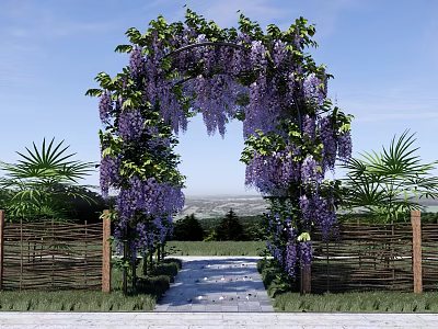 Beautiful Pergola Covered With Purple Wisteria Flowers Surrounded By Wooden Fence And Stone Pathway 3d model