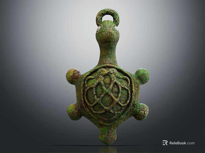 Green Turtle Shaped Pendant with Intricate Braided Back Pattern Handcrafted Artisanal Ornament 3d model 