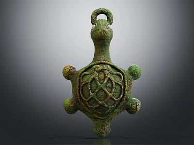 Green Turtle Shaped Pendant with Intricate Braided Back Pattern Handcrafted Artisanal Ornament 3d model