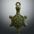 Green Turtle Shaped Pendant with Intricate Braided Back Pattern Handcrafted Artisanal Ornament