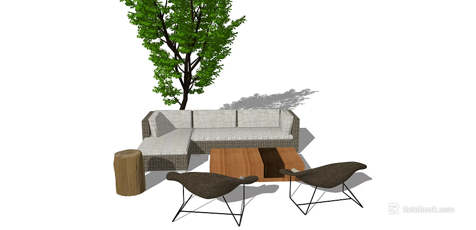 Stylish Outdoor Sofa Setup With Wooden Table Chairs And Tree Shade 3d model 