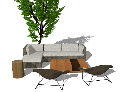 Stylish Outdoor Sofa Setup With Wooden Table Chairs And Tree Shade 3d model