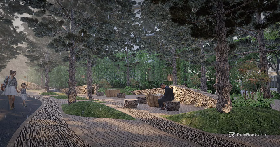 Outdoor Wooden Tables And Stone Chairs Surrounded By Trees Green Grass And Stone Walls 3d model 