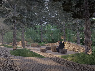 Outdoor Wooden Tables And Stone Chairs Surrounded By Trees Green Grass And Stone Walls 3d model