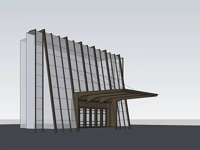 Modern Building Entrance Canopy Design With Glass Curtain Wall And Wooden Frame Structure 3d model