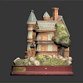 Vintage Victorian House Model With Spire Chimney Red Base Balcony And Greenery