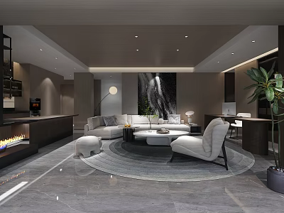 Sleek Modern Luxury Living Room With Cozy Sofas Warm Fireplace And Elegant Home Decor 3d model