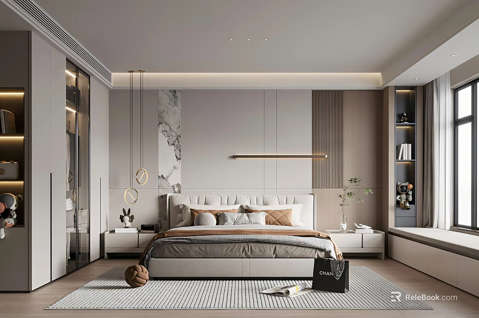 Modern Bedroom Interior With Comfortable Bed Hanging Lights Nightstands And Wall Decor 3d model 