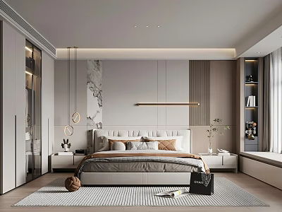 Modern Bedroom Interior With Comfortable Bed Hanging Lights Nightstands And Wall Decor 3d model