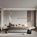 Modern Bedroom Interior With Comfortable Bed Hanging Lights Nightstands And Wall Decor