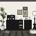 Modern Black TV Stand with Decorative Items Symmetric Cabinets Wall Art Floor Lamp Green Plant