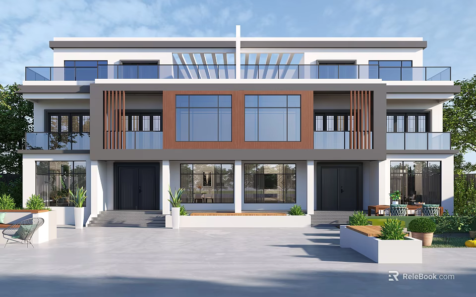 Modern Detached Villa Exterior Design With Large Glass Windows Symmetrical Facade Front Courtyard And Potted Plants 3d model 