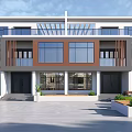 Modern Detached Villa Exterior Design With Large Glass Windows Symmetrical Facade Front Courtyard And Potted Plants