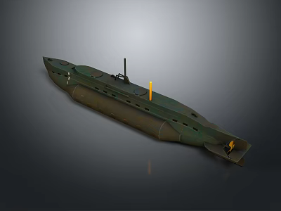 Military Style Green Submarine Model With Yellow Antenna And Detailed Structure 3d model