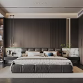 Modern Bedroom Interior Design With Wooden Accent Wall Pendant Lights And Green Plants