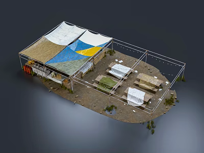 Open Framework Temporary Exhibition Structure With Colorful Roof Panels Tables Chairs And Plants 3d model