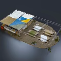 Open Framework Temporary Exhibition Structure With Colorful Roof Panels Tables Chairs And Plants