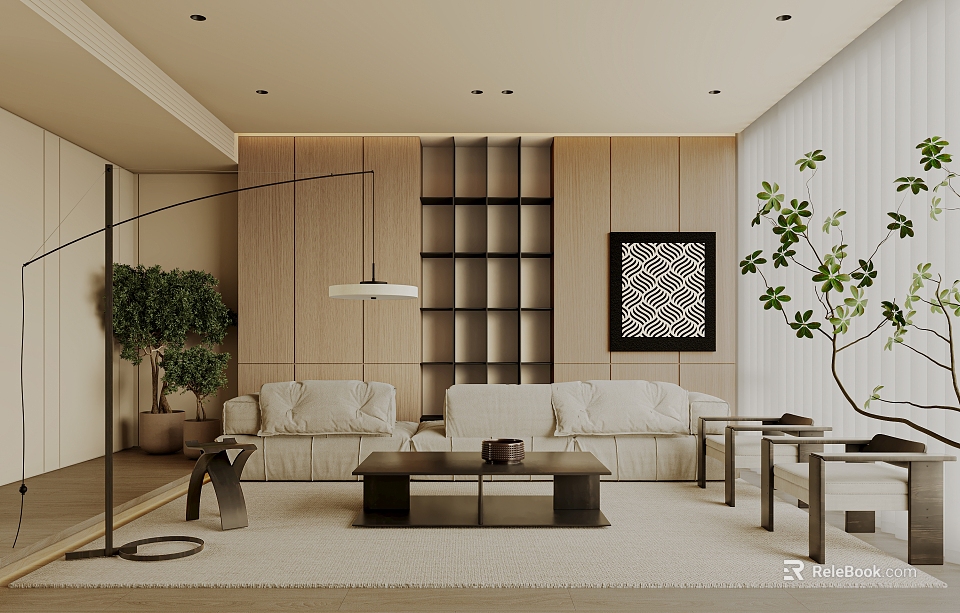 Modern Living Room With Beige Sofa Wooden Walls Shelves Floor Lamp Green Plants Coffee Table 3d model 