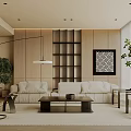 Modern Living Room With Beige Sofa Wooden Walls Shelves Floor Lamp Green Plants Coffee Table