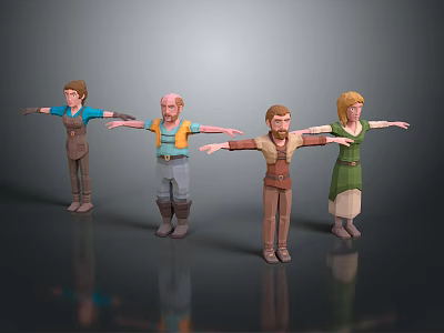 Four Detailed 3D Characters in Various Costumes Standing with Arms Outstretched 3d model