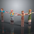 Four Detailed 3D Characters in Various Costumes Standing with Arms Outstretched