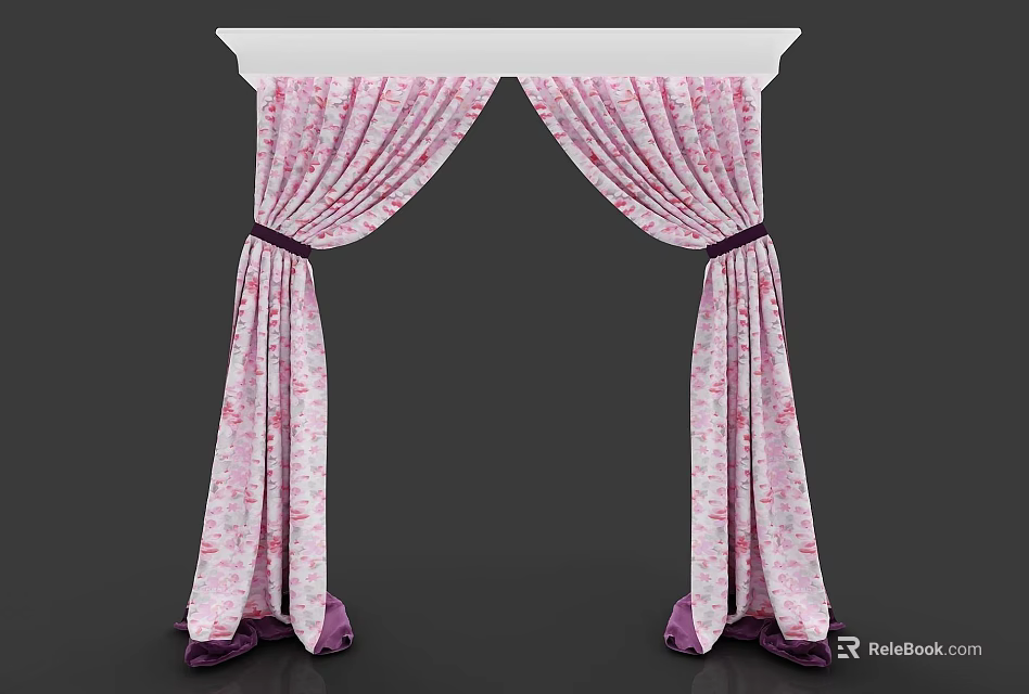 Elegant Pink Floral Pattern Curtains With Purple Ties And White Valance 3d model 