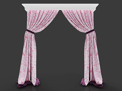 Elegant Pink Floral Pattern Curtains With Purple Ties And White Valance 3d model