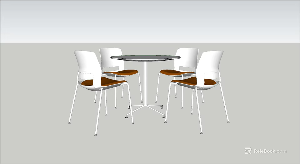 Modern Round Table and Chairs Set with White Frames and Brown Seats 3d model