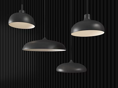 Four Black Dome Shaped Pendant Lights With White Light Hanging Against Black Vertical Striped Background 3d model