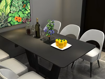 Modern Dining Table Set with White Chairs Purple Vase Red Wine and Yellow Bell Peppers 3d model