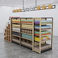 Retail Display Shelves with Assorted Traditional Food Packages Bottles and Hanging Decorations