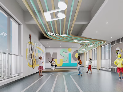 Modern Elevator Hallway With Colorful Ceiling Stripes And Music Themed Wall Decor 3d model