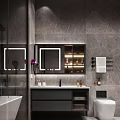 Modern Bathroom Vanity With Illuminated Mirror Cabinet Marble Wall Towel Rack And Toiletries