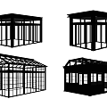 Modern Glass House Structures With Black Frames And Various Roof Designs 3d model