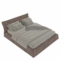 Modern Upholstered Double Bed with Brown Frame Light Gray Bedding and Pillows 3d model