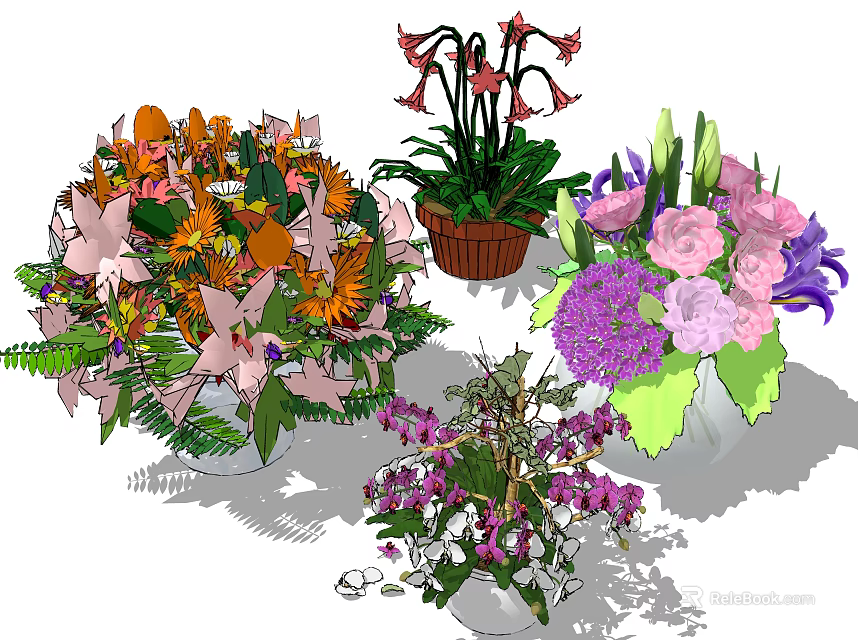 Colorful Flowering Bonsai Potted Plants With Various Flowers And Basket Containers 3d model 