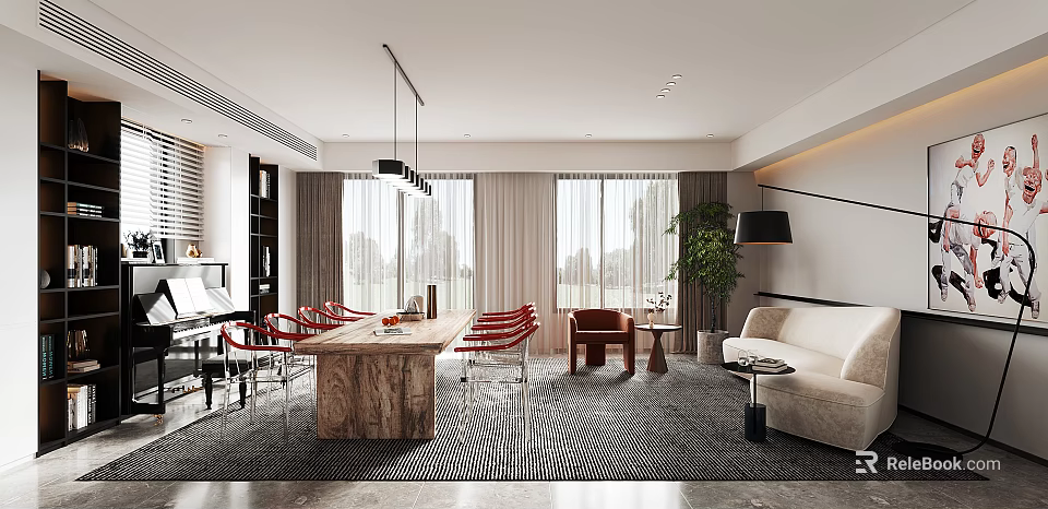 Modern Living And Dining Area With Wooden Table Red Chairs And Beige Sofa 3d model 