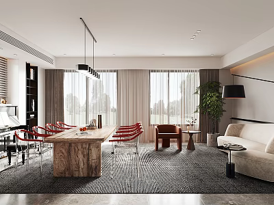 Modern Living And Dining Area With Wooden Table Red Chairs And Beige Sofa 3d model