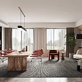 Modern Living And Dining Area With Wooden Table Red Chairs And Beige Sofa