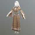 Woman In Traditional Brown Patterned Dress With Green Belt And Long Sleeves
