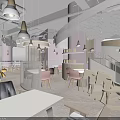 Bright Modern Restaurant Interior With Colorful Seating Cloud Shaped Decor And Hanging Lights