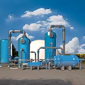 Industrial Factory Building with Glass Facade in Green Outdoor Area Under Blue Sky and Clouds