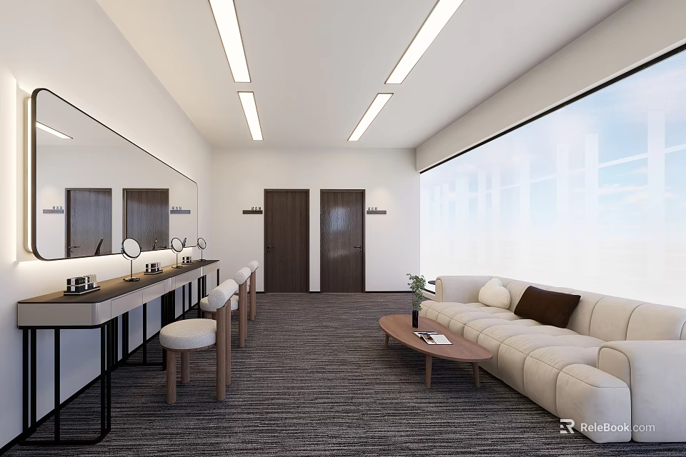 Modern Beauty Hair Salon Interior With Vanity Counters Mirrors Stools Sofa And Large Window 3d model 