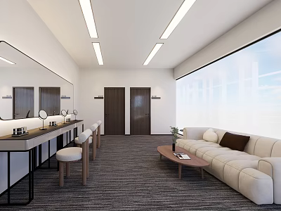 Modern Beauty Hair Salon Interior With Vanity Counters Mirrors Stools Sofa And Large Window 3d model