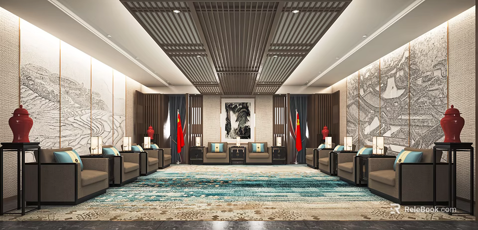 Chinese Style Hotel Public Lounge With Lattice Ceiling Ink Painting And Red Flags 3d model 