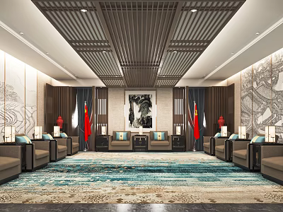 Chinese Style Hotel Public Lounge With Lattice Ceiling Ink Painting And Red Flags 3d model