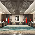 Chinese Style Hotel Public Lounge With Lattice Ceiling Ink Painting And Red Flags
